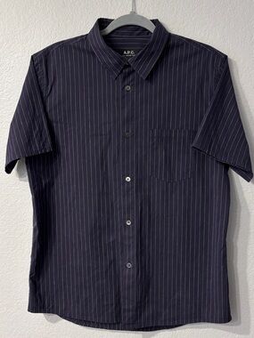 A.P.C. Men’s Navy Pinstripe Short Sleeve Button-Up Shirt